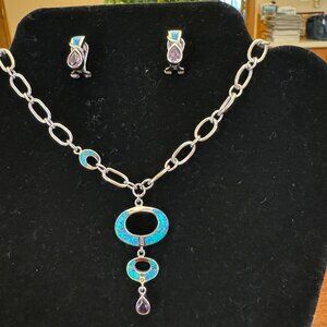 Blue Opal and Amethyst necklace and earrings